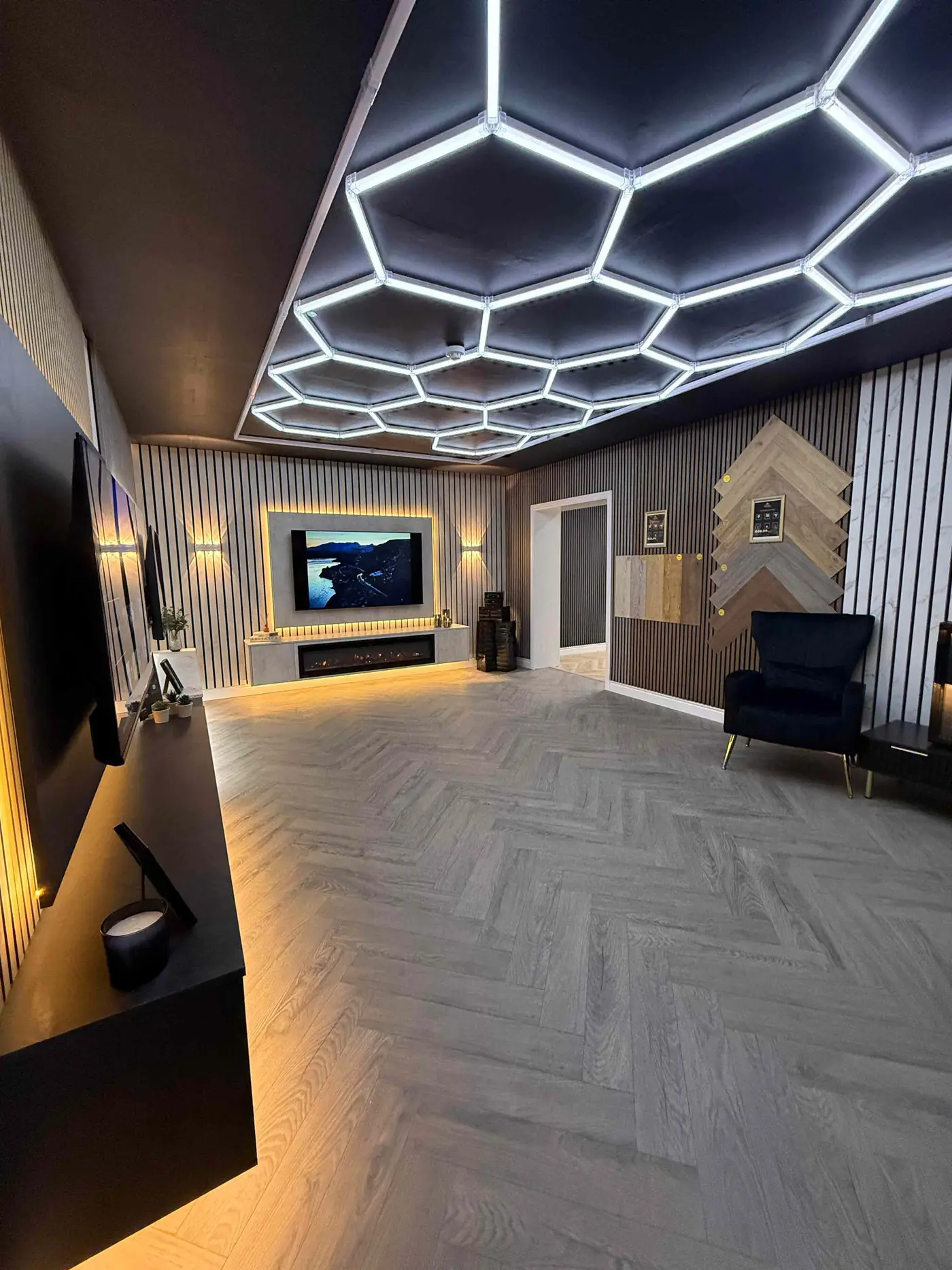 Customer viewing wall panelling designs in the interiors showroom